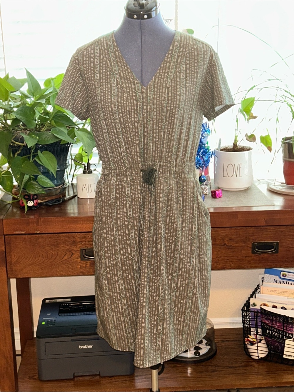 REI Olive V-Neck Drawstring Midi Dress